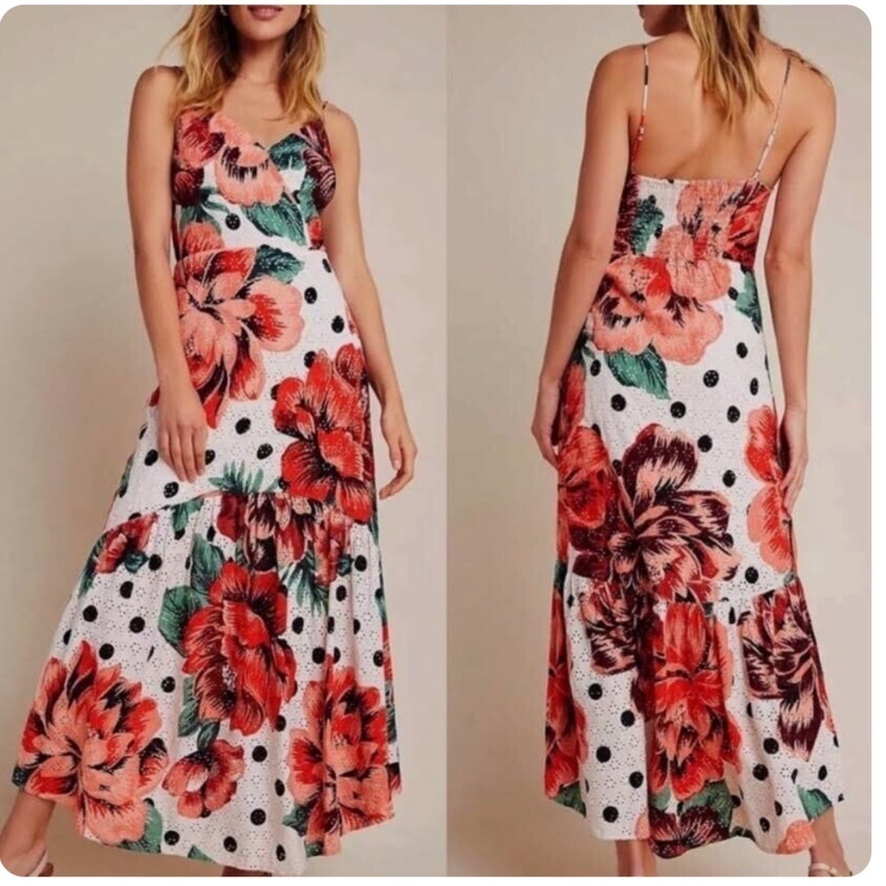 Farm Rio Anthropologie Eyelet Lace Floral Polkadot Tiered Maxi Dress